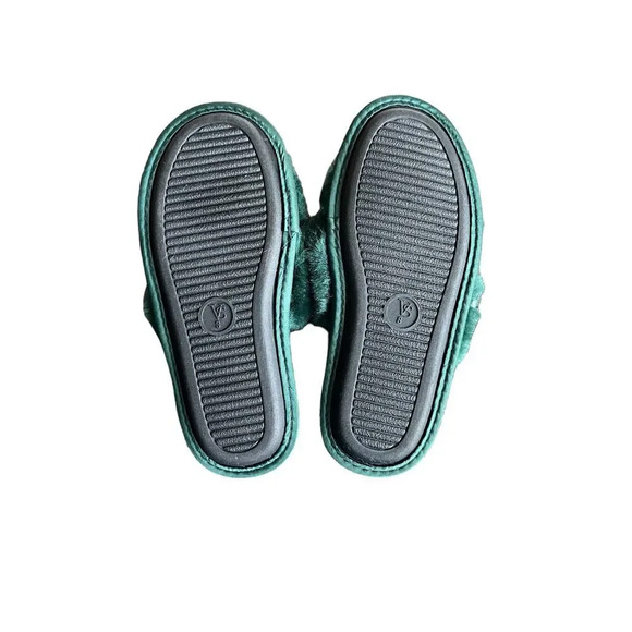 Victoria Secret faux fur emerald dark green white beads slippers fits size S 5-6 - Picture 4 of 5